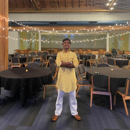 Antariksh Sharma'23 poses in Moore Lounge, Pearsons Hall prior to the Diwali celebration.